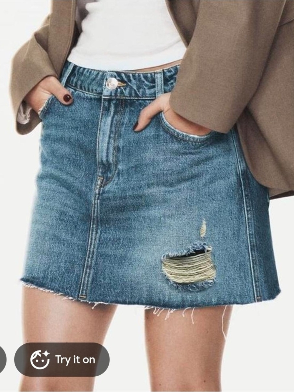 Zara Women’s Blue Solid Cotton Denim Mini Skirt Zip Pockets Logo Regular S